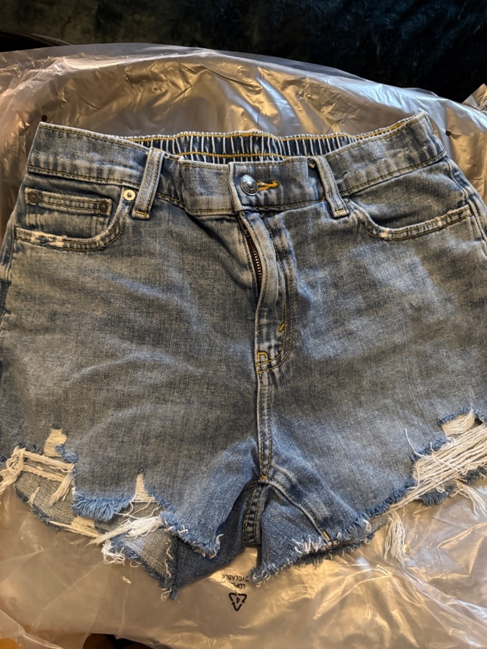aerie Distressed Light Blue High-Rise Denim Shorts; two pairs